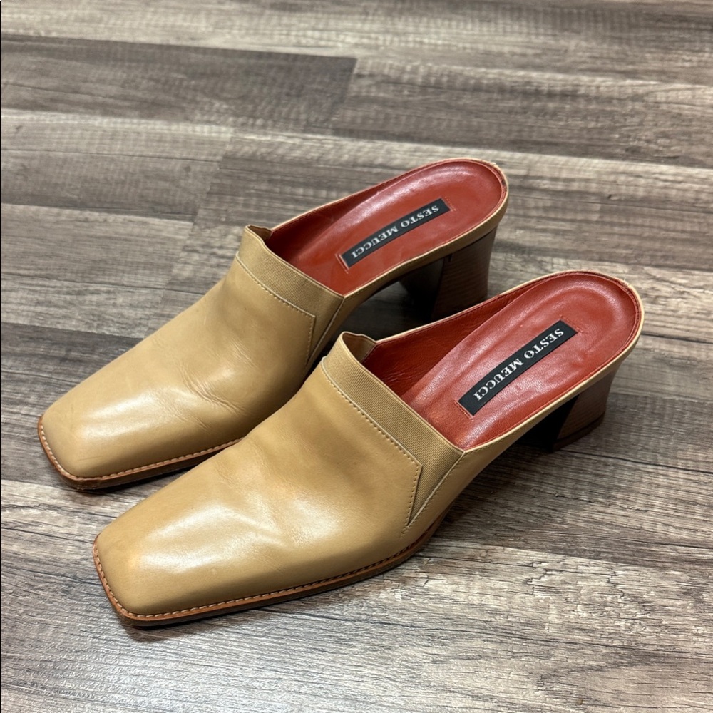 Sesto Meucci Tan Leather Square-Toe Mules with Brown Block Heel